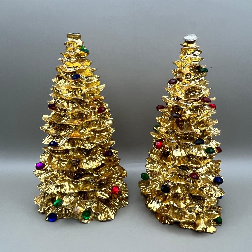 Vtg‎ 1994 Enesco Gold Heavy Jeweled Christmas Tree Tabletop Set of 2 6" As Is